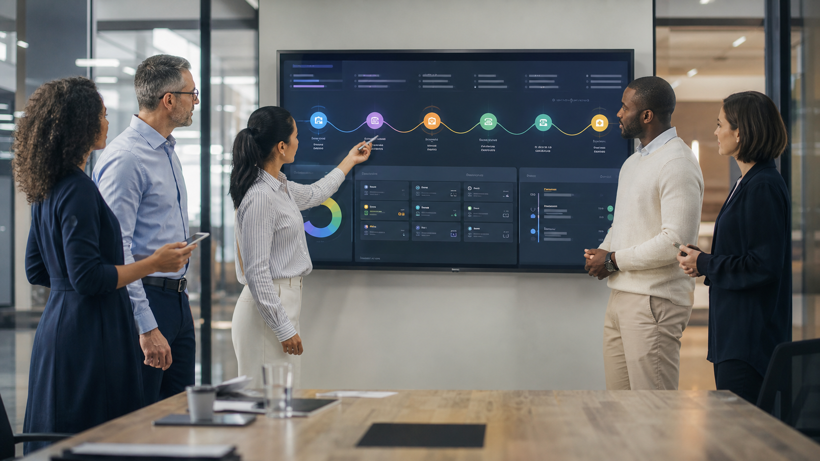 Diverse business team collaborating around an interactive customer journey map to improve customer experience across marketing, sales, and service.