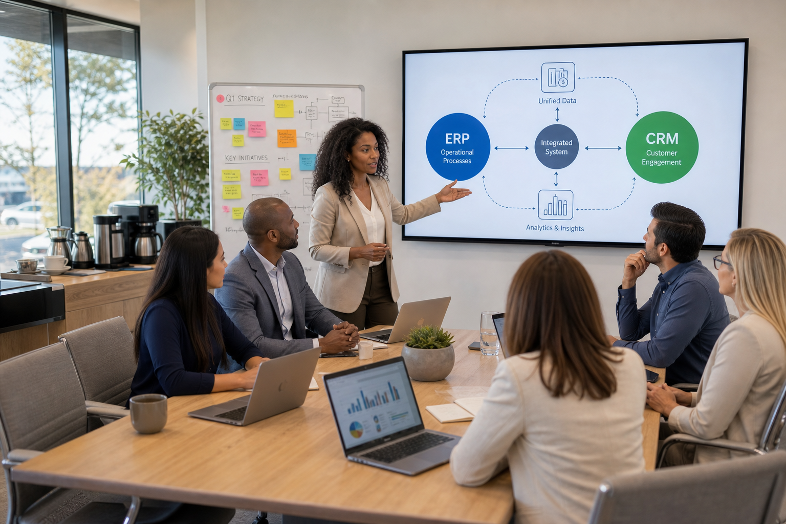 Business teams reviewing shared customer and operational data during an ERP and CRM integration strategy meeting