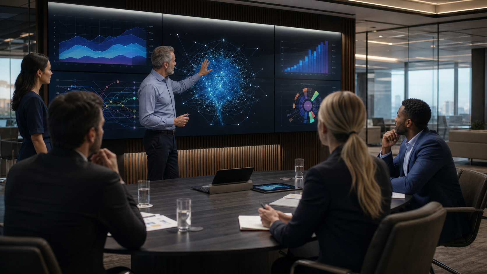 Executive leadership team reviewing an AI roadmap with business intelligence dashboards, predictive analytics, and enterprise growth insights.